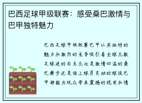 巴西足球甲级联赛：感受桑巴激情与巴甲独特魅力