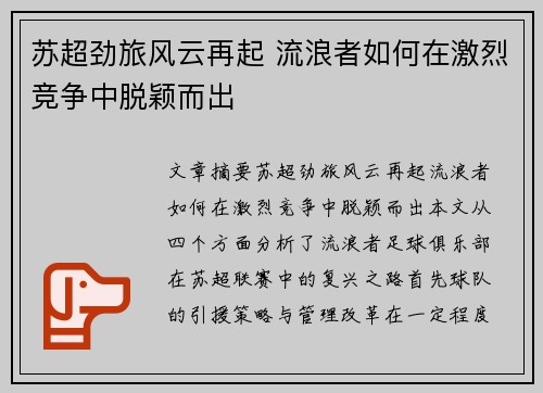 苏超劲旅风云再起 流浪者如何在激烈竞争中脱颖而出 苏超劲旅风云再起 流浪者如何在激烈竞争中脱颖而出