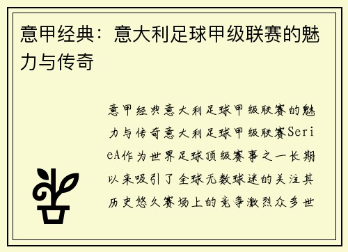 意甲经典:意大利足球甲级联赛的魅力与传奇 意甲经典:意大利足球甲级联赛的魅力与传奇
