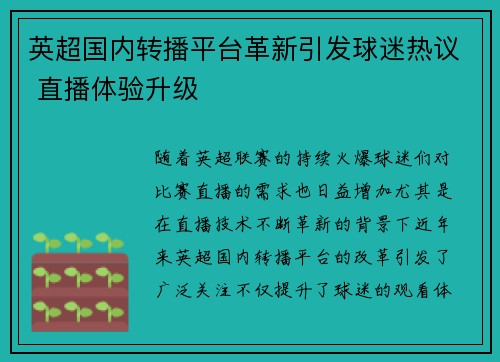 英超国内转播平台革新引发球迷热议 直播体验升级 英超国内转播平台革新引发球迷热议 直播体验升级