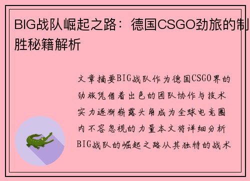BIG战队崛起之路：德国CSGO劲旅的制胜秘籍解析